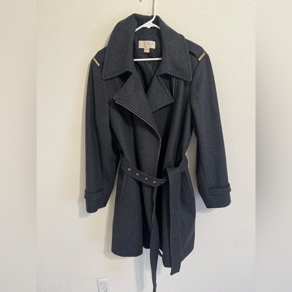 Michael Kors Black Wool Blend Belted Coat 22W Plus Size Peacoat Jacket